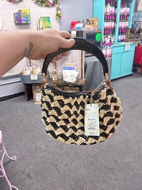 Woven Two-Tone Black & Cream Handbag with Top Handle